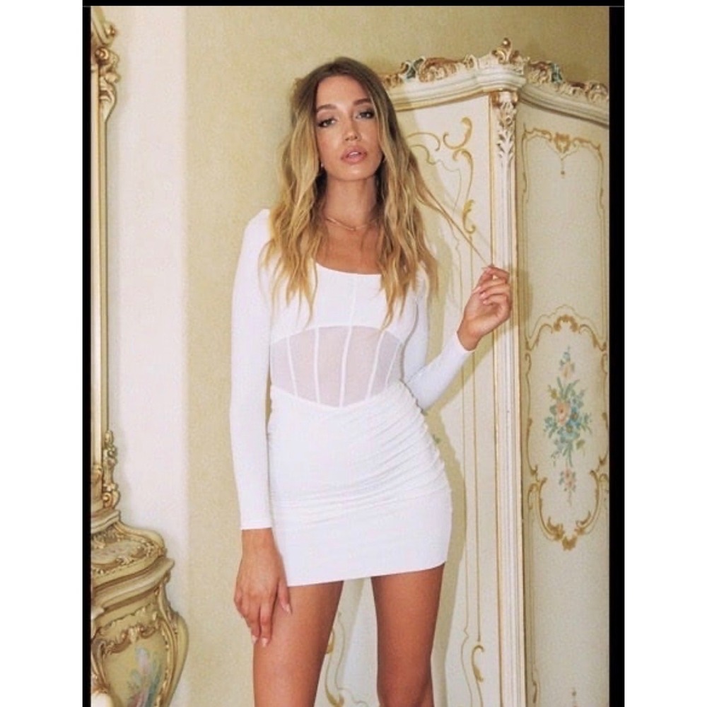 Princess Polly Eva Mini Dress 4 White Corset Mesh Long Sleeve Bodycon Sorority